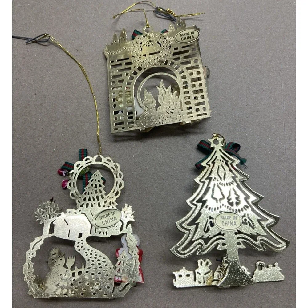 Vintage KMart Gold Metal Ornament Lot Laser Cut 2.5 inch with boxes Lot of 3